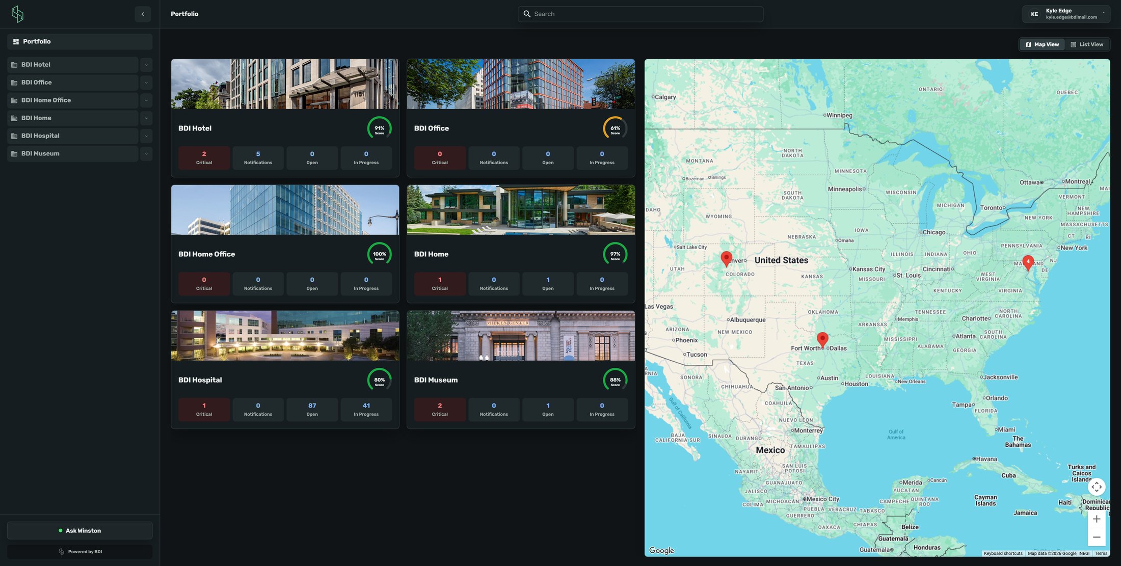 BDI portfolio view: six buildings with health scores and critical, notification, open and in-progress counts, beside a map of sites across the United States.